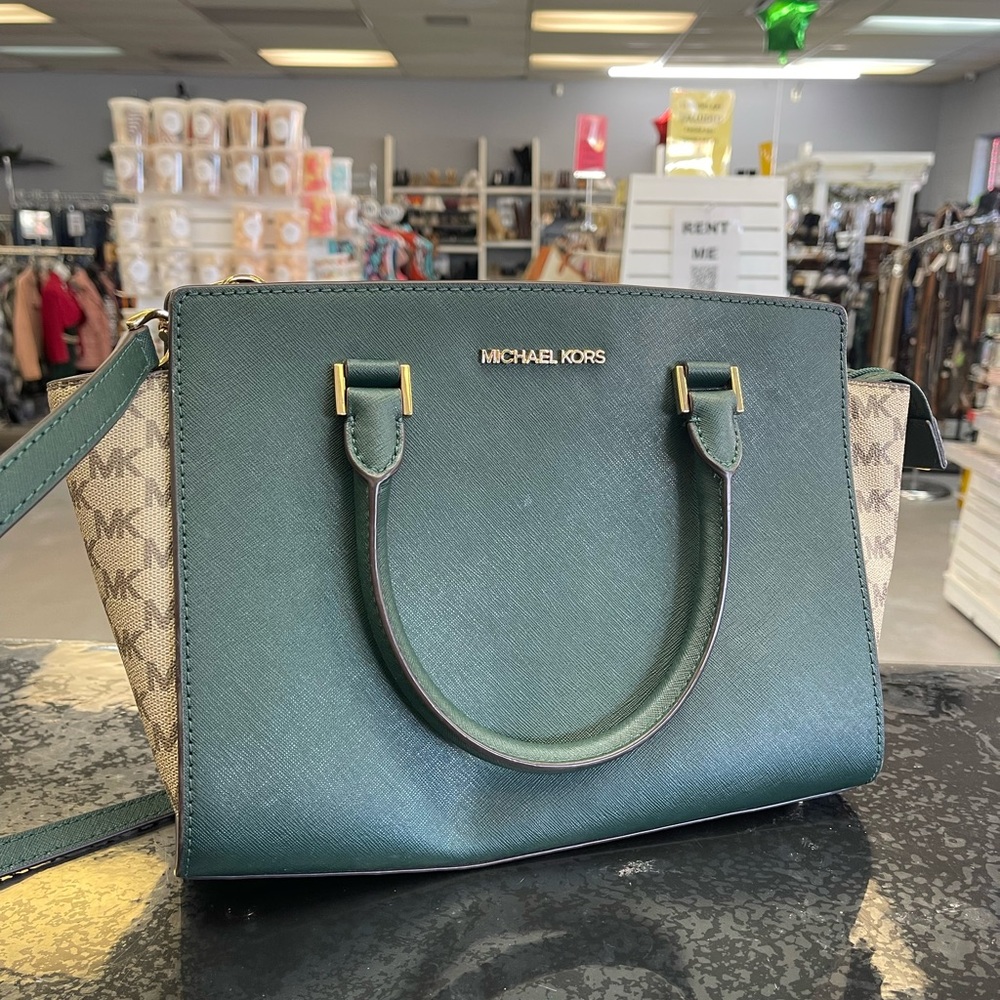 Michael Kors green and Beige Satchel
